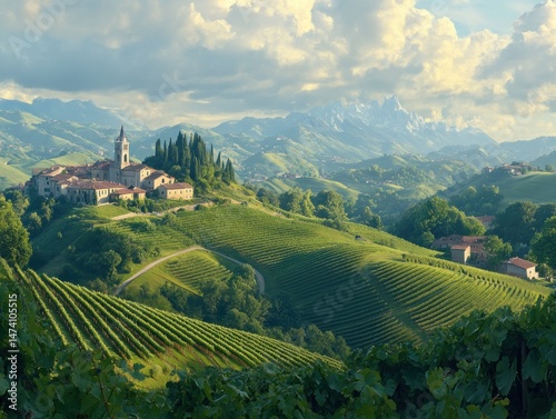 Italian vineyard landscape with village and mountains