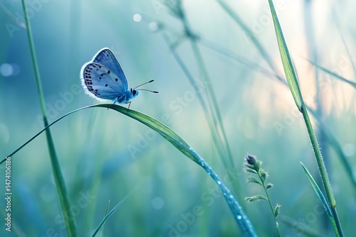 A small blue butterfly is resting on a blade of grass.