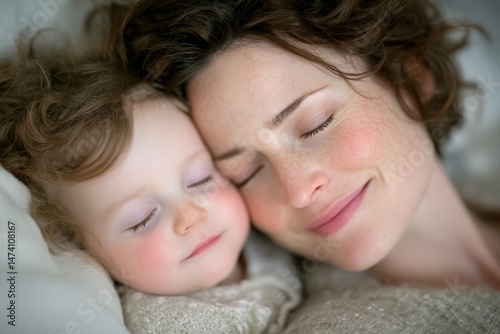 A double bed is the setting for a heartwarming scene of a mother and her cute child sleeping together, viewed from the top, with an atmosphere of tranquility