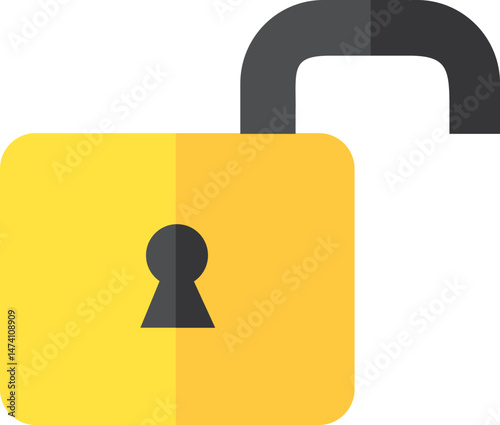 A simple flat design illustration of an unlocked yellow padlock with a black shackle.