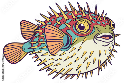 134 puffer fish, colorful, spikes, vibrant, detailed, realistic, high definition, photorealistic, digital art