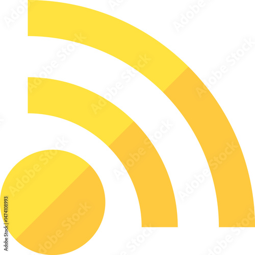 A vibrant yellow RSS feed icon featuring a circle and two radiating curved lines, symbolizing web syndication and digital content updates.
