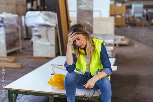 Tired Female Worker Wearing Safety Vest Sitting in Factory Environment photo