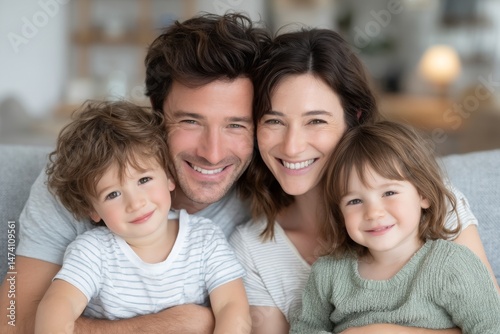 In Brazil, a big happy family, including cheerful grandparents, parents, and young children, smile together on the sofa in their home on the weekend photo