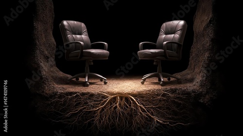 Two empty office chairs facing each other, symbolizing dialogue and collaboration.