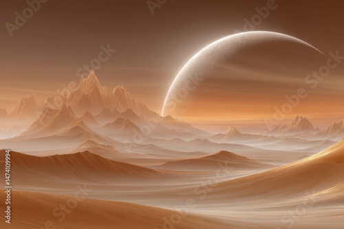 A future planet inhabited by aliens, featuring red sand and moons in the sky, resembles a Martian landscape with vast dunes