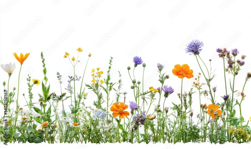 Fototapeta premium In the distance, a bright yellow sun backs a beautiful field of flowers