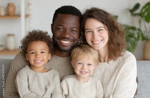 The portrait of a happy interracial family sitting on a sofa in their living room exudes love, happiness, and a sense of belonging, as the adoptive parents and children relax and bond together