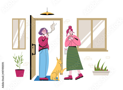 Two women standing outside house smoking cigarettes, dog sitting near entrance. Lifestyle casual social interaction. Health risk habit awareness topic. Flat vector illustration