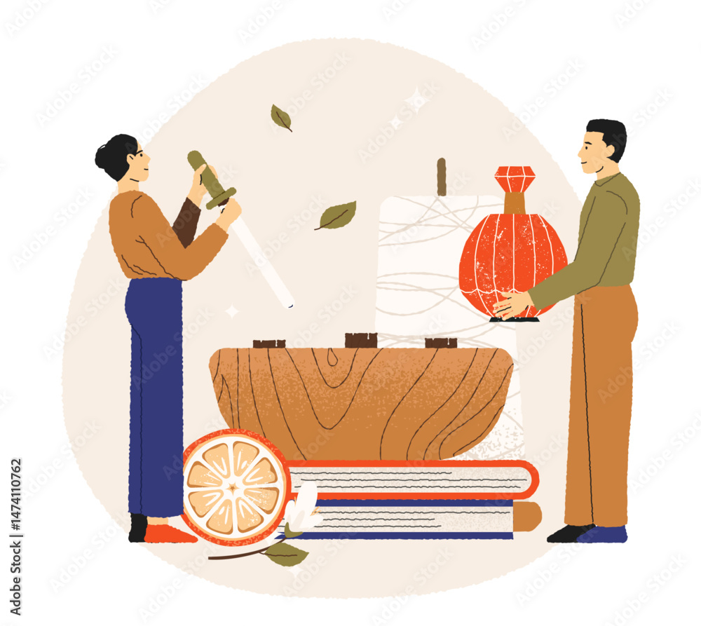 Two people perfumers preparing aromatherapy ritual with diffuser and oil bottle, citrus and incense. Wellness scent therapy, holistic care. Flat warm style. Vector illustration