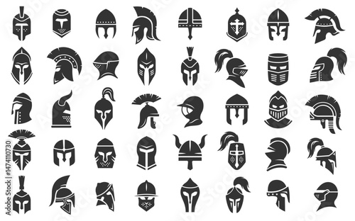 Warrior helmet silhouettes from different historical eras. Vector set of stylized helmets representing historical warriors such as Spartans, knights and Vikings for medieval themed game graphics