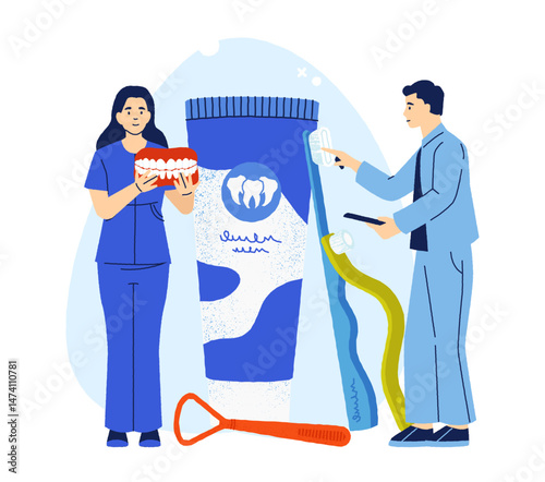 Dentist with big toothbrush and nurse holding tooth model. Oral hygiene promotion. Importance of daily oral care for healthy teeth and gums. Flat cartoon medical style. Vector illustration