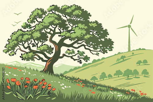117 old growth tree, lush green meadow, wildflowers, wind turbine, rolling hills, idyllic landscape, natural harmony, renewable energy, environmental sustainability