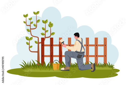 Gardener kneeling and painting wooden fence in garden during spring with brush and bucket. Green grass and small tree. Flat cartoon style. Vector illustration