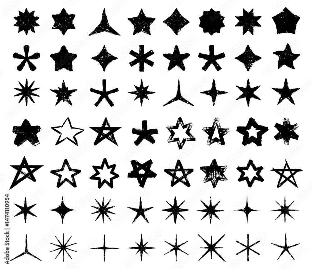 Hand drawn star icons with rough, inked textures and irregular edges. Large set stars. Retro graphic style vintage and artistic touch alternative design punk. Vector illustration