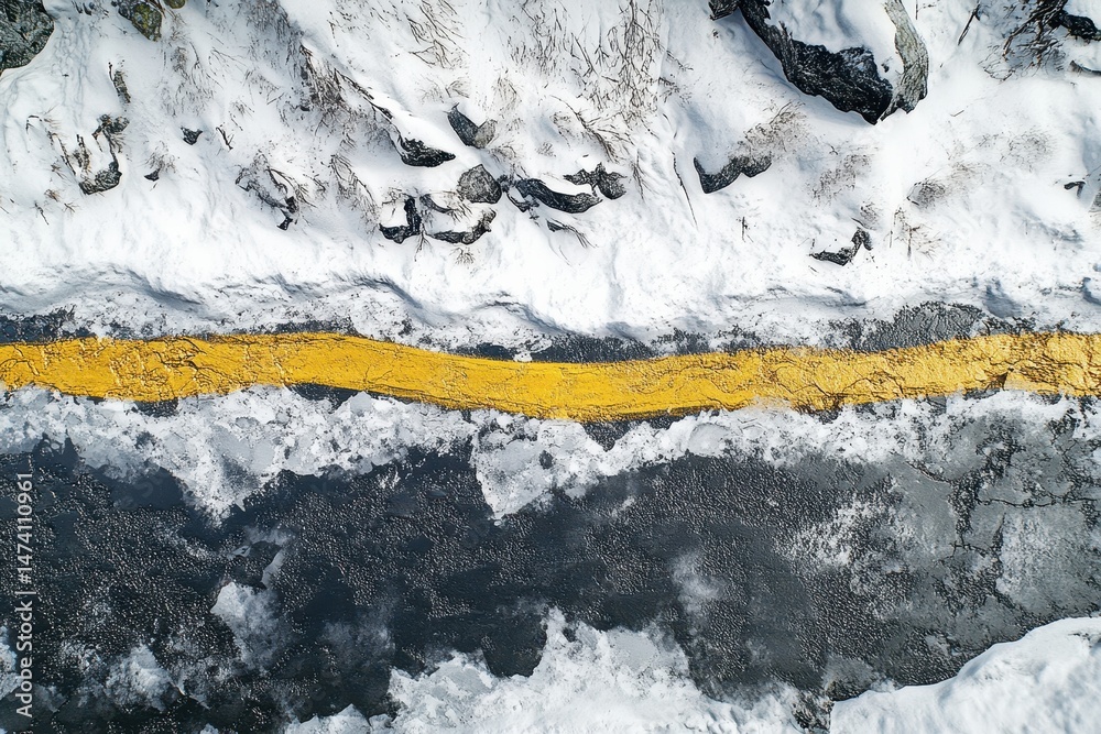 Fototapeta premium Aerial view of snowy mountain road with yellow line in winter. Use for travel, transportation, or winter hazard themes.