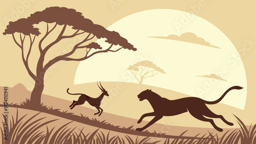 Cheetah silhouette chasing a gazelle, dust clouds at sunset.