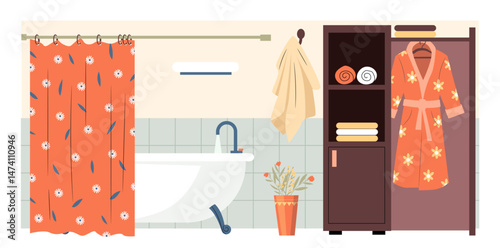 Bathroom with floral robe, towels and bathtub, shower curtain, cabinet, and potted plant. Personal care and bath comfort theme. Flat cartoon style. Vector illustration