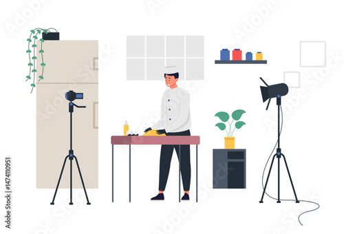 Food blogger preparing ingredients for a recipe in a home kitchen studio. Chef filming cooking tutorial with camera and lighting setup. Online cooking. Cartoon vector illustration