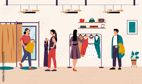 Customers shopping and trying clothes in fashion boutique, browsing dresses and accessories. Clothing retail consumer experience. Flat cartoon style. Vector illustration