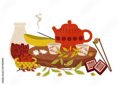 Traditional chinese tea ceremony. Red teapot with floral cups, herbs and incense, dried flowers and sweets for calming tea ritual. Herbal relaxation moment. Cartoon style. Vector illustration