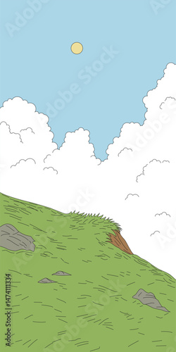 Steep cliff against the background of cumulus clouds. Vector illustration. Sketch for creativity.