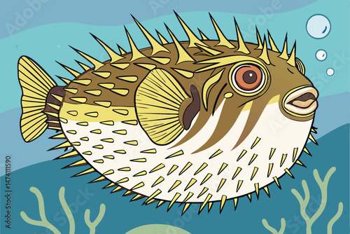 134 puffer fish, colorful, spikes, vibrant, detailed, realistic, high definition, photorealistic, digital art