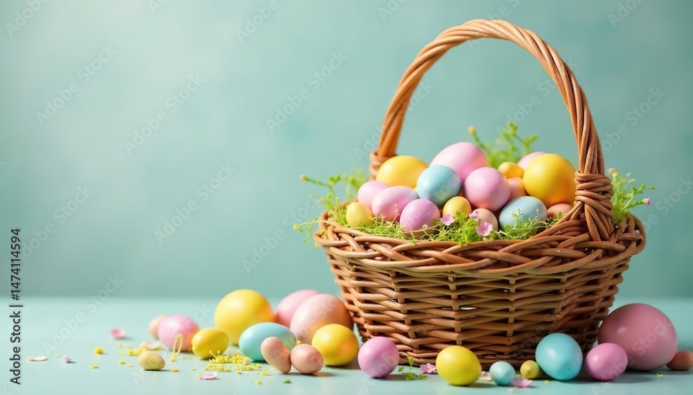 Naklejka premium Colorful Easter baskets overflowing with candy, chocolate eggs, and pastel treats , sweets, fun