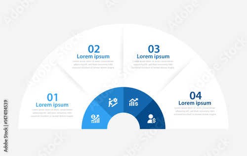 Semi Circular Business Infographic with Four-Step Growth Strategy and Data Icons