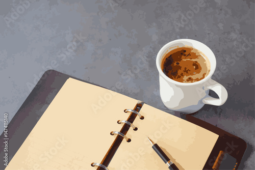 Open Notebook Page with cup of coffee and pen, Vector
