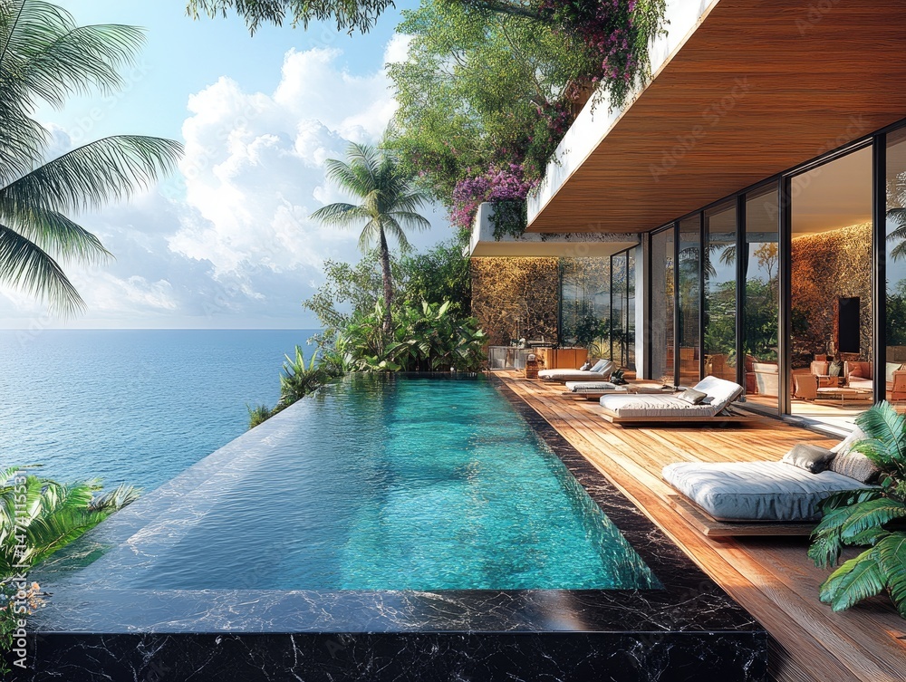 Fototapeta premium Luxurious infinity pool overlooking a tropical paradise.