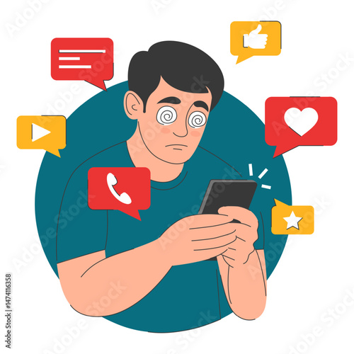 Man addicted to social media vector isolated. Illustration of a person hypnotized by smartphone. Young male person with a strong addiction to social networks. Mobile app.