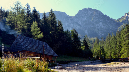 Strazyska Valley in Tatra Mountains, Zakopane. Trekking trail. Place for rest on the Strazyska Clearing with Giewont peak view
