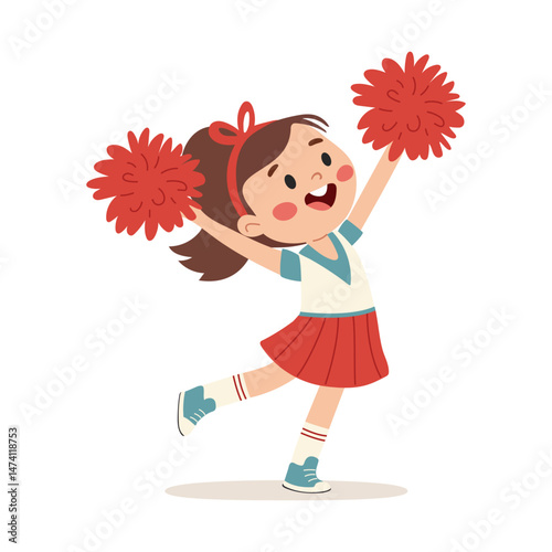 Cheerleader with pompoms. Cute little girl cheerleader cartoon character vector Illustration