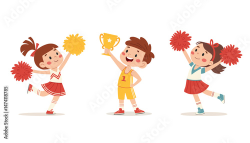 set with children athletes. Cute girls cheerleaders with pom poms. Girls and boys with awards for achievements, Sports achievements and support