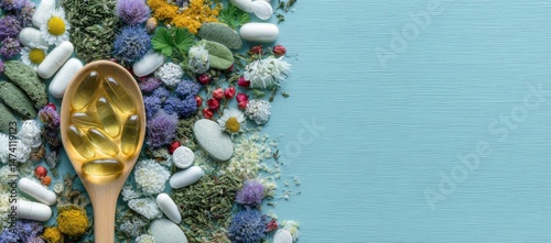 A holistic approach to health incorporates various natural remedies, including a healthy diet, supplements like omega acid capsules, and healing agents such as turmeric, dried lavender, spirulina