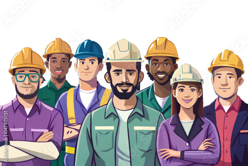 Engineer team with full skills vector in maintenance and training at industrial factory workshop, supporting factory operators and mechanical engineering production tasks