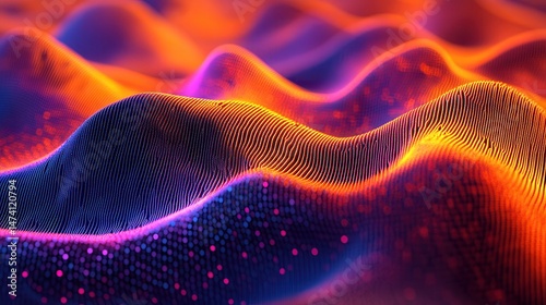 Abstract wavy, vibrant digital landscape of glowing, textured hills