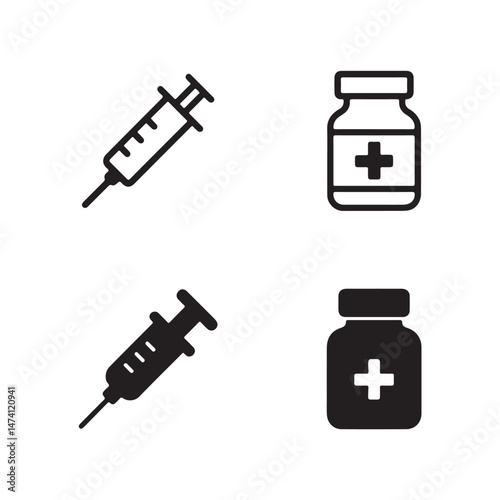 Medical Icons Syringe and Medicine Bottle Vector Illustrations