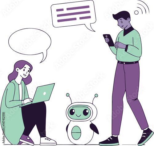 People Interacting with Robot Chatbot Technology - Modern Communication Concept
