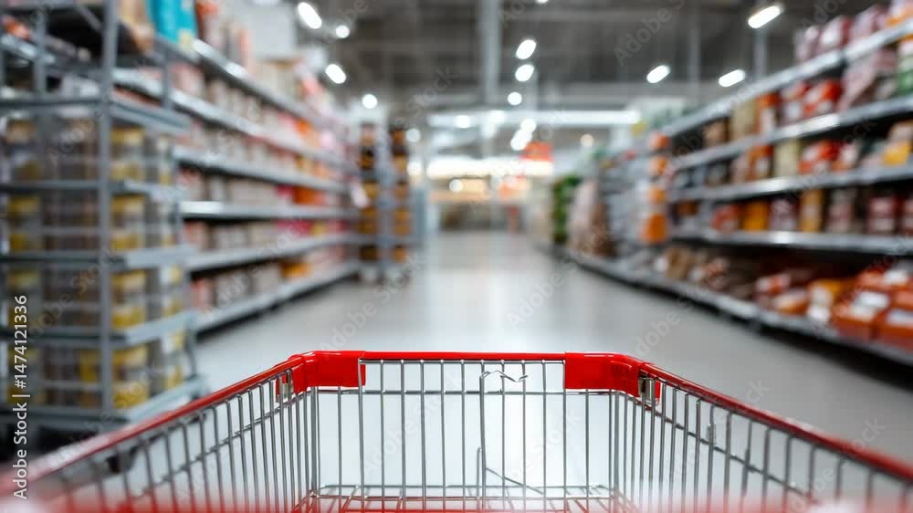 A vivid view of a shopping cart in an aisle of a supermarket, surrounded by rows of groceries, reflective of consumerism, retail shopping, and modern market environments.
