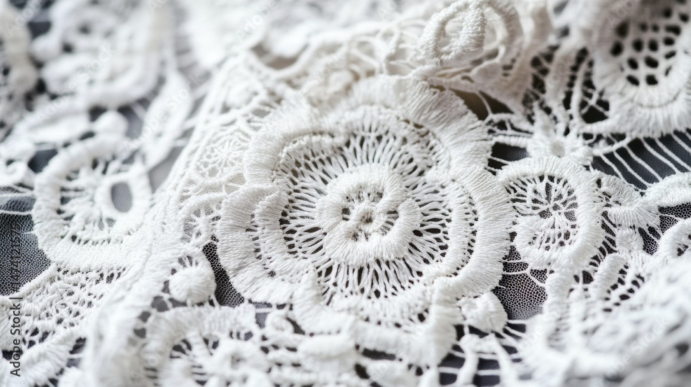 Obraz premium Intricate White Lace Fabric with Floral Patterns and Textured Details for Elegant Designs