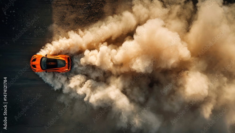 Fototapeta premium Orange sports car drifting with smoke aerial view