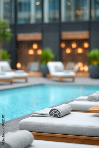In a modern setting, a tiled room situated near the swimming pool features three empty white lounge chairs, with the spa room unoccupied, and deck chairs provided for clients to relax after their spa