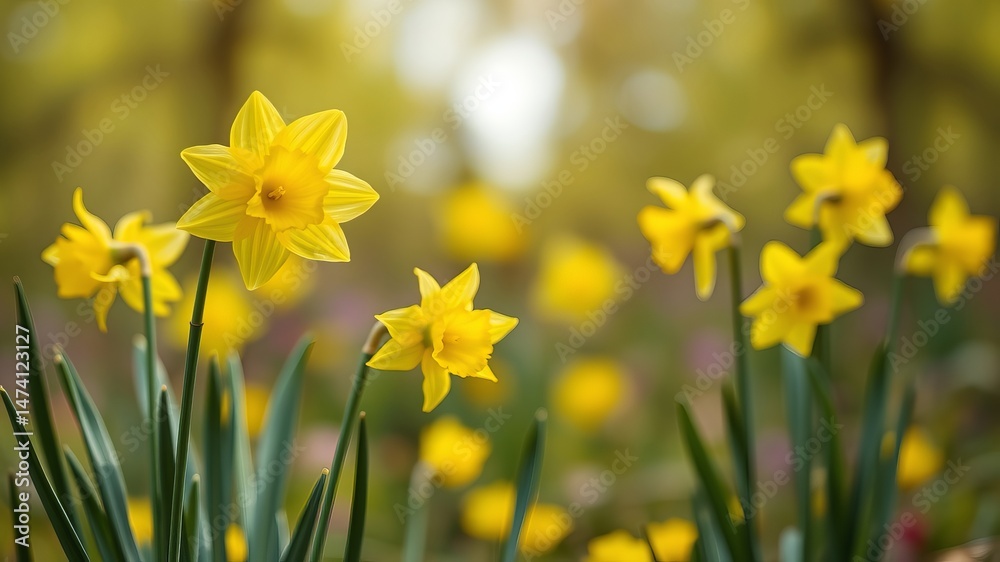 Fototapeta premium Vibrant yellow daffodils bloom brightly in a lush green field bathed in warm sunlight creating a cheerful sp scene.