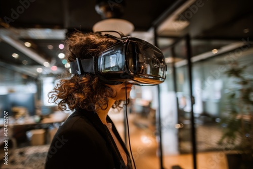 A woman in a professional setting wears a virtual reality headset, embodying the limitless possibilities of the metaverse in a modern office