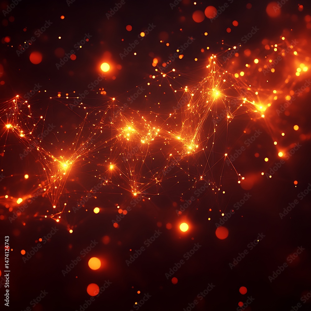Fototapeta premium Abstract fiery network, glowing particles, dark background