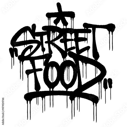 Handmade graffiti tag "STREET FOOD" with black spray paint texture and drip effect. Raw, edgy street art design, perfect for urban graphics, food-related posters, and modern graffiti projects.