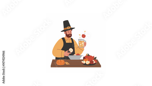Man pouring apple cider on Thanksgiving in cozy kitchen setting