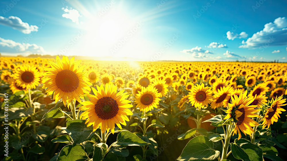 Obraz premium A breathtaking field of sunflowers illuminated by a bright sun with a stunning blue sky background.